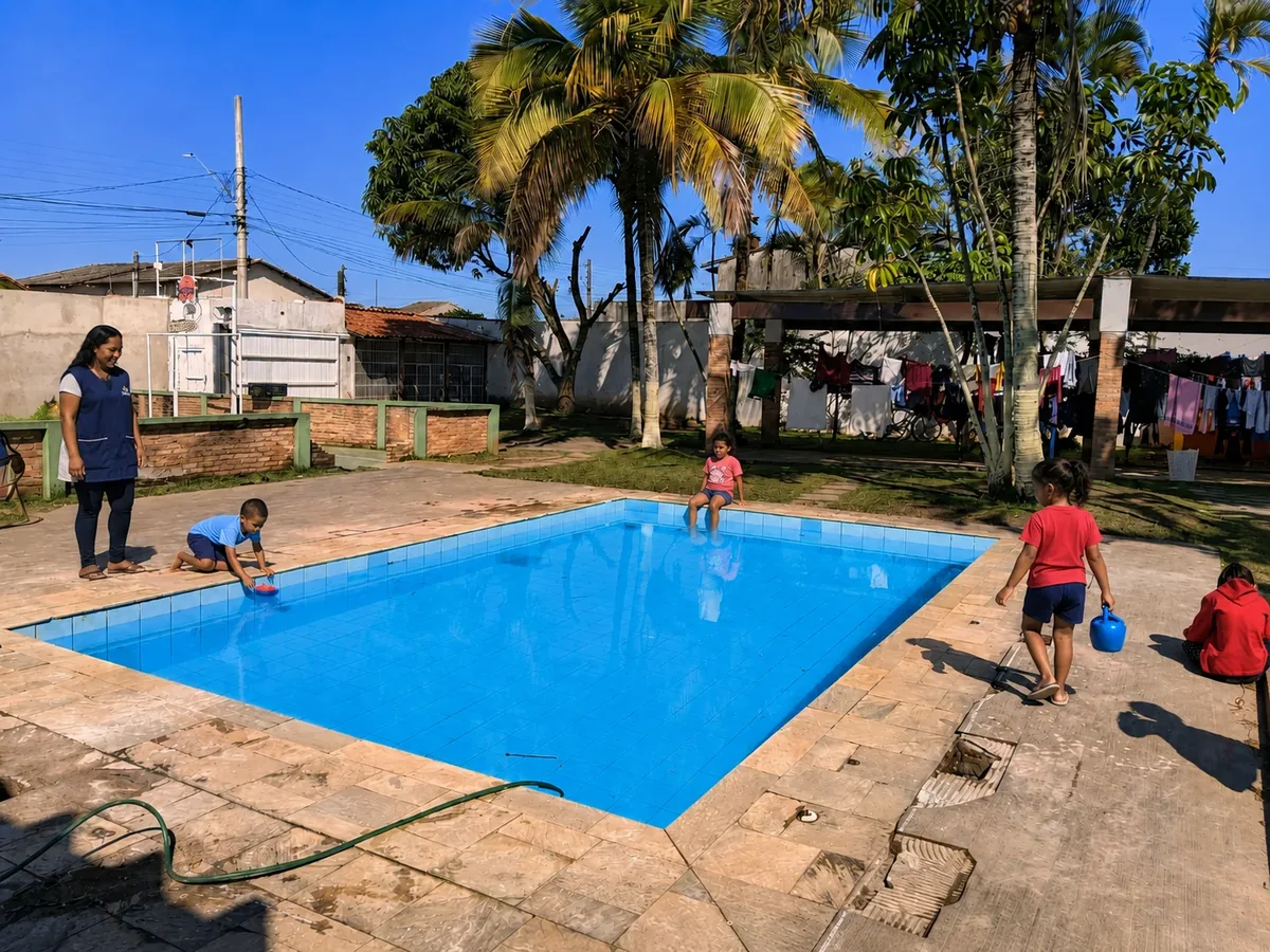 Atividade recreativa acompanhada na área da piscina