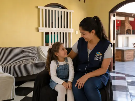 Profissional oferecendo cuidado individualizado em ambiente de convivência